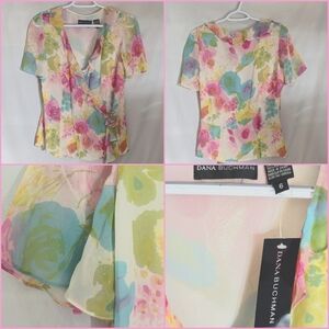 Dana Buchman wrap silk blouse flutter sleeves pastel florals sz 6 New Quiet Lux